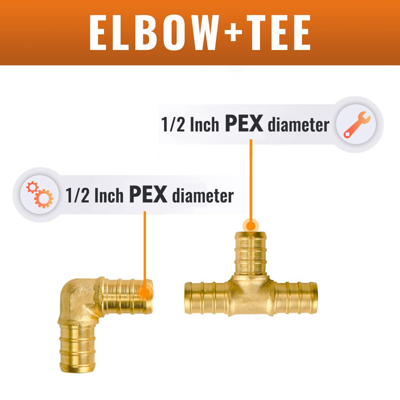 SUNGATOR 1/2 inch PEX Fittings, 50-Pack, Elbow (25 PCS) + Tee (25 PCS) Kit 1/2", 50pcs