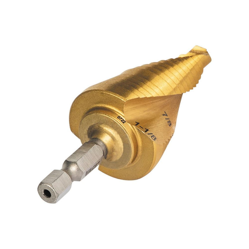 Klein Tools 25961 Step Drill Bit, 7/8 to 1-1/8-Inch, Spiral Double-Fluted, Cut Thin Metal, Plastic, Aluminum, Wood, 1/4-Inch Hex Shank, VACO