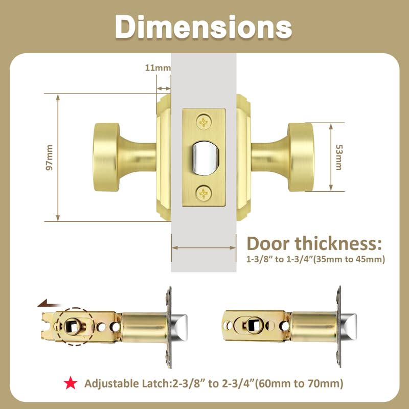 Probrico Brass Door Knobs Interior, Gold Door Handles for Closet/Hallway, Keyless Door Knobs No Lock, 2 Pack Passage-2 Pack