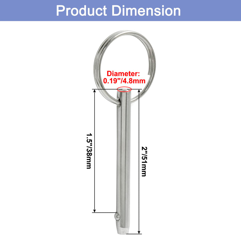 4pcs Quick Release Pin, 3/16" (4.8mm) Diameter, Usable Length 1-1/2", Overall Length 2", 316 Stainless Steel Bimini Top Pins for Boat Marine Hardware 3/16"D x 1-1/2"L 4
