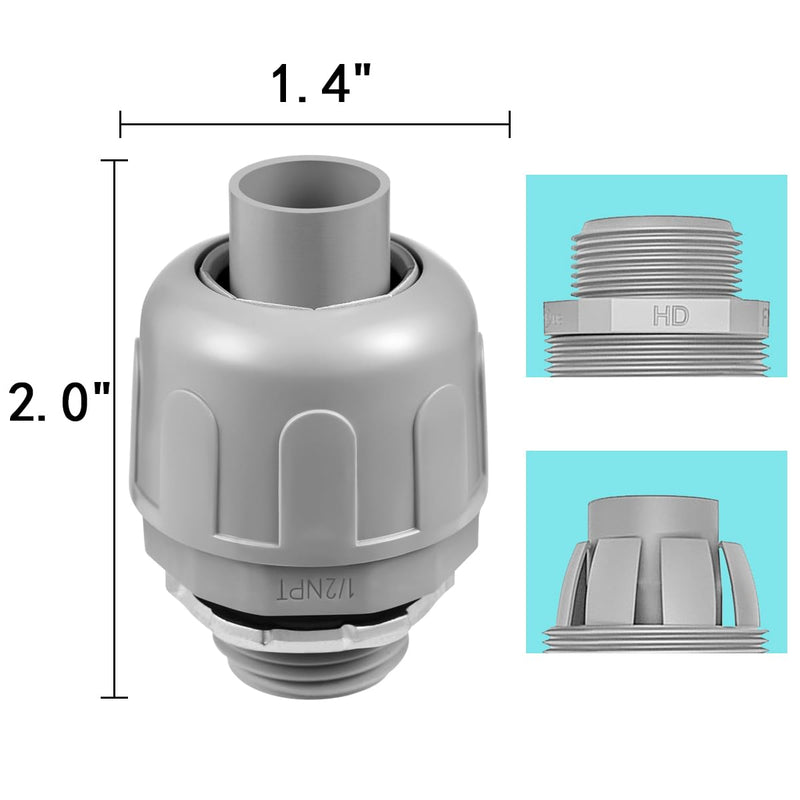 64-Pack 1/2" NPT Liquid Tight Connector Conduit Fitting UL PVC Straight NPT 1/2"(64Pcs) Gray