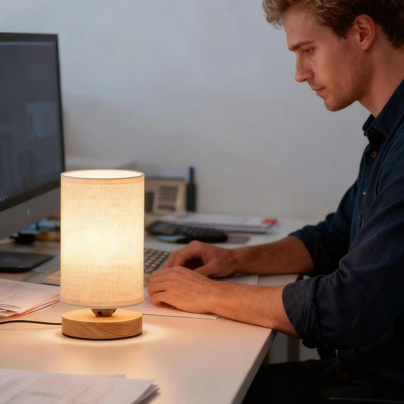 Small Bedside Night Table Lamp for Bedroom, Minimalist Nightstand Lamp with Round Fabric Linen Shade, Study Reading Desk Lamp for Kids Room, Living Room, College Dorm, Home, Office set of 1
