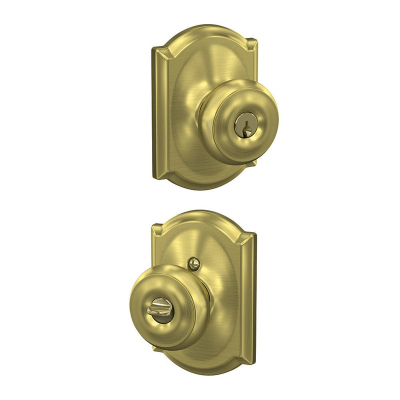 SCHLAGE F51A GEO 608 CAM Georgian Knob with Camelot Trim Keyed Entry Lock, Satin Brass