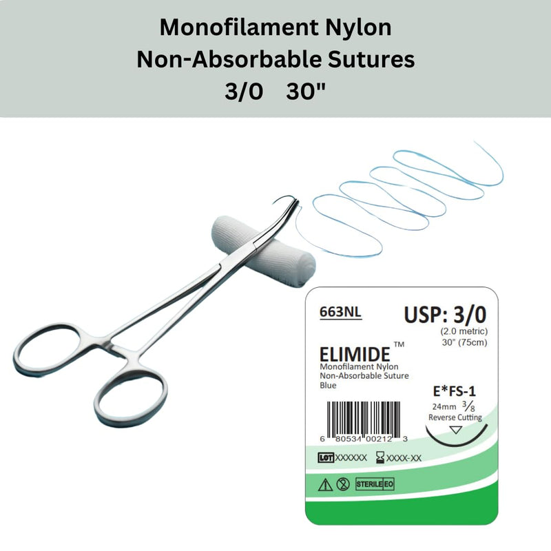 ELIMIDE Veterinary Nylon Non-Absorbable Monofilament Sutures, Reverse Cutting 3/8 Circle, 24mm, 3/0 30 inch (76 cm), 12 Individual Pack, FS1, Blue, 663NL