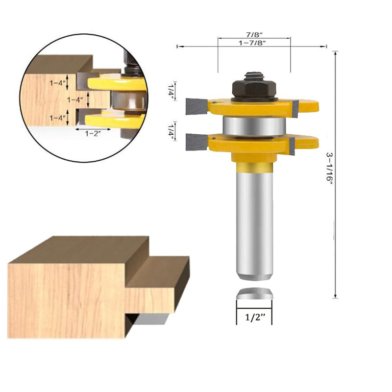OLETBE Router Bit Set 3 PCS 1/2-Inch Shank Round Over Panel Cabinet Door Rail and Stile Router Bits Sets Woodworking Wood Cutter Woodwork Carbide Groove Tongue Milling Tool(PN-D)