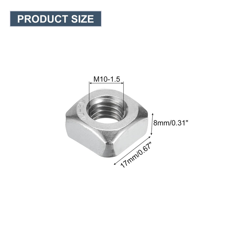 uxcell M10-1.5x8 Square Nuts, 304 Stainless Steel Coarse Thread Square Nuts Fasteners for Home Repairs and Professional Engineering, Silver, 10pcs M10-1.5x8mm 10