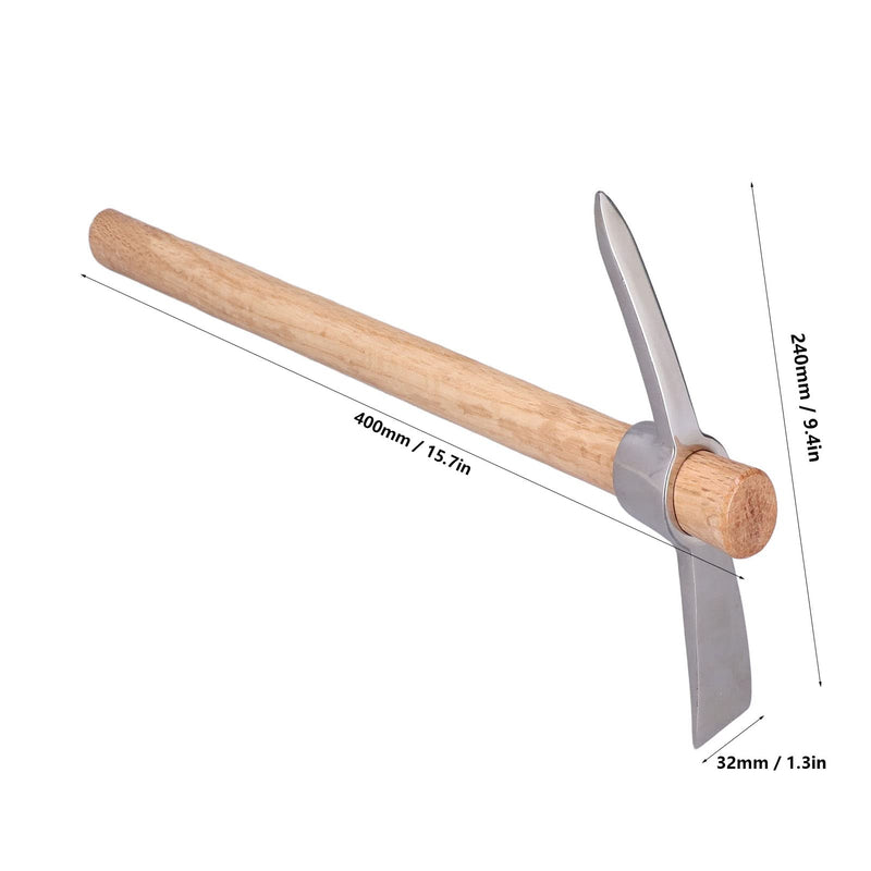 15.7in Hand Cultivator & Hoe Tool - Dual Head Stainless Steel Garden Pickaxe for Weeding, Digging, Planting - Ergonomic Wooden Handle for Farming, Landscaping, Bonsai Care