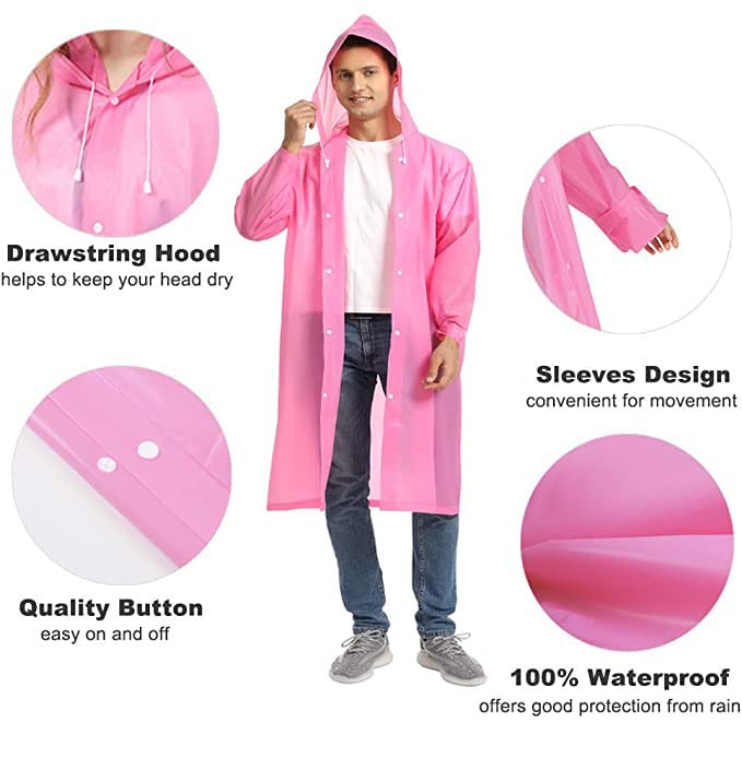 Rain Coat Poncho for Adult, 2 Pack Women Men Reusable Raincoats Emergency with Hood and Drawstring One Size Pink+pink