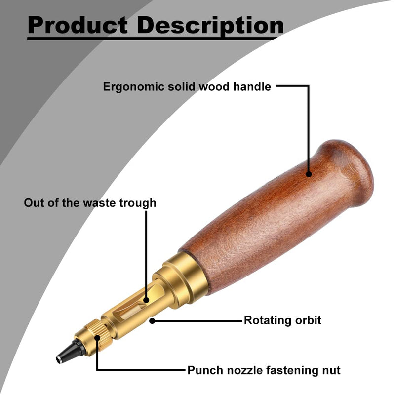 Adjustable Leather Hole Punching Tool Automatic Puncher with Wooden Handle Hollow Hole Punch with 6 Tips Size (1.5mm/2mm/2.5mm/3mm/3.5mm/4mm) for Leather Belt, Bag, Wristband Red brown