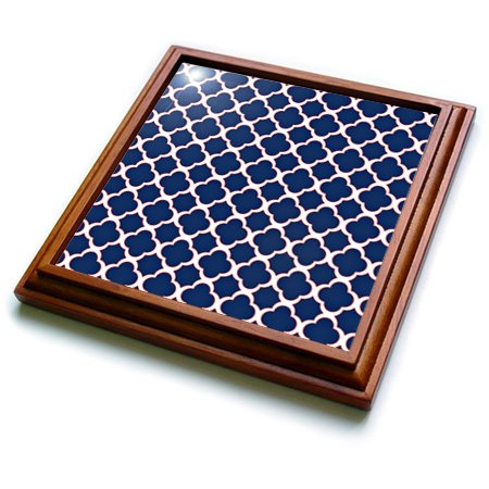 3dRose Quatrefoil Pattern Navy Blue & White with Red Accent Trivet with Ceramic Tile, 8 by 8", Brown