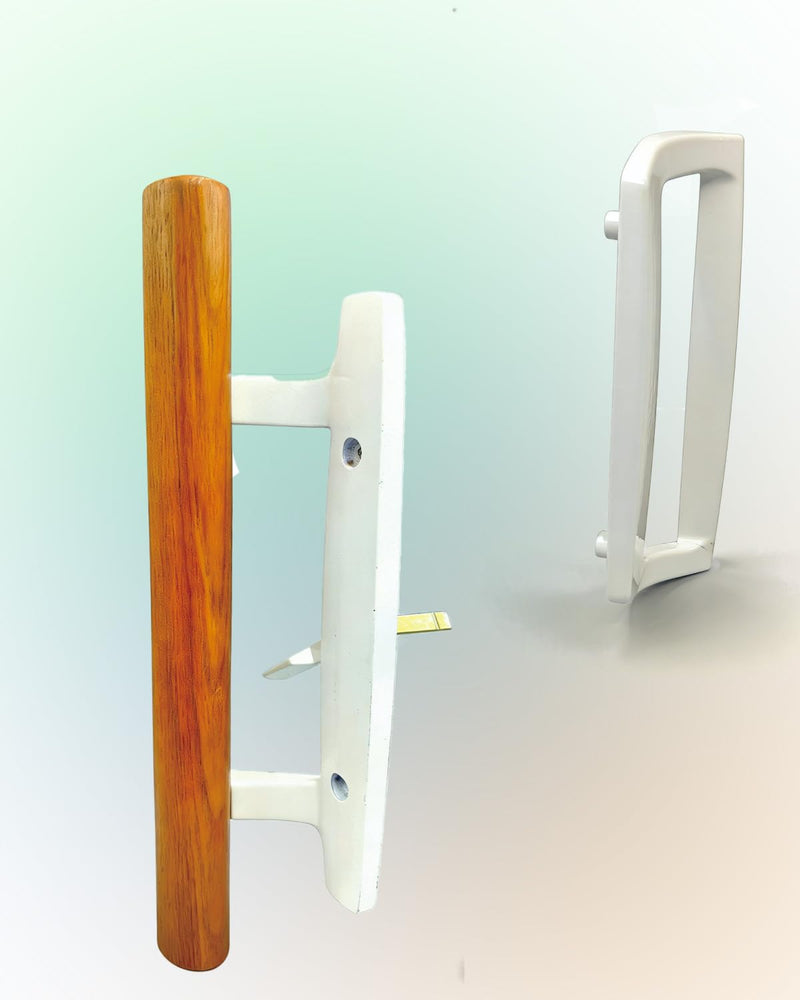 Sliding Patio Door Handle Set, Natural Wood Interior & White Zinc Exterior(White), Non-Keyed , Fits 3-15/16" Hole Spacing, Universal Easy Install Replacement for Sliding Glass Doors.Pull Handle Set