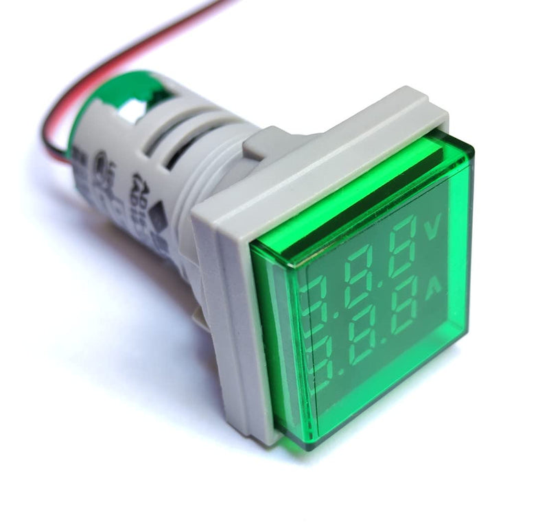 AC Current and Voltage Indicator with Two-Digit Display, 22mm Square Head LED Multi-Function Measuring Instrument Monitor (Green) Green