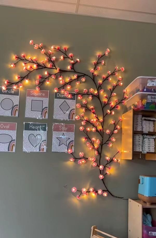 Cherry LED Tree Branch Lights for Wall, Cherry Blossom Willow Vine Twig Decor Garland with 48 LED Lights and Remote,8 Lighting Modes,Christmas Decorations Indoor for Home Wall Door Window (47inch)