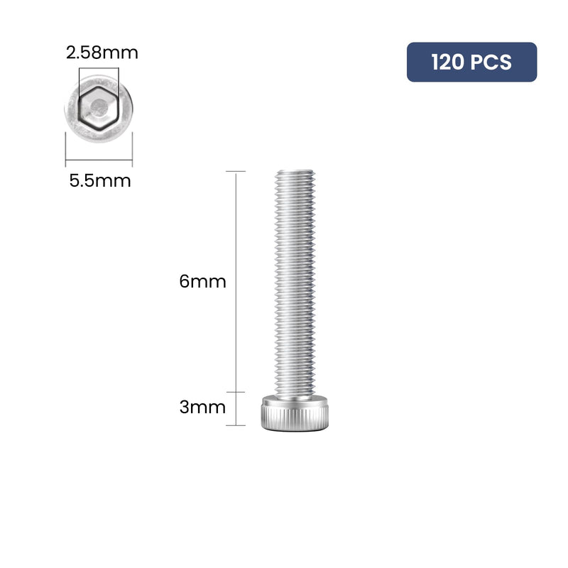 120pcs M3 x 6mm Hex Socket Head Cap Screws Bolts, 304 Stainless Steel 18-8, Allen Socket Drive,Bright Finish, Full Threads,with Hex Spanner Silver 120