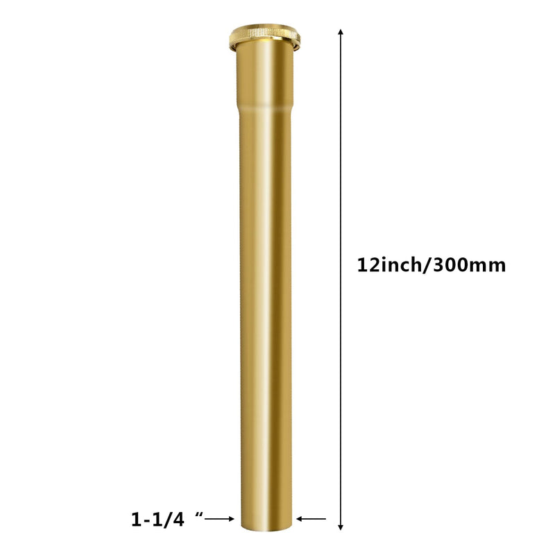 Brass Slip Joint Extension Tube，1-1/4 Inch O.D x 12 Inch P Trap Extension Pipe with Nut and Rubber Washer, Sink Drain Tailpiece (Brushed Gold) Brushed Gold