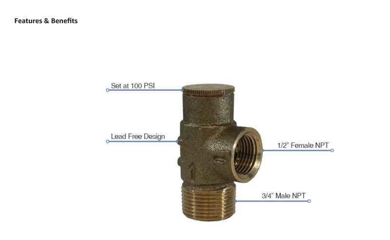 Merrill MFG PRVNL75100 3/4" Lead-Free Brass Pressure Relief Valve, 100 PSI Cold Water Safety Valve for Well Tank, Pump & Plumbing Systems, 3/4" NPT No-Lead Water System Protection Valve