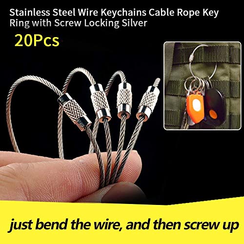 20pcs 4.5cm / 1.8inch Wire Keychain Cable Stainless Steel Wire Key Chain Ring Holder Metal Cable Wire Lanyard with Screw Locking Heavy Duty Luggage Tag Keeper for Outdoors Hanging Silver