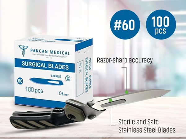 #60 Stainless Steel Scalpel Blades - Compatible with Havalon Piranta - 100 Pack of No. 60 Blade