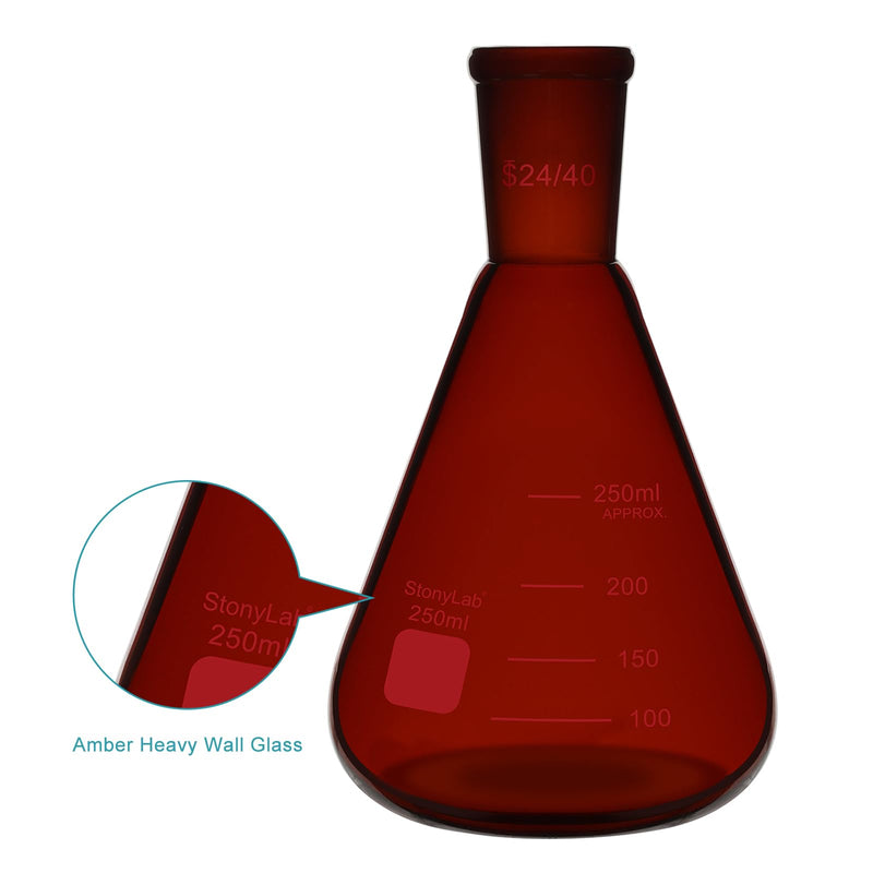stonylab Amber Erlenmeyer Flask with 24/40 Standard Taper Outer Joint, Borosilicate Glass Heavy Wall Flask in 250 ml Capacity, Ideal for Mixing, Heating, and Lab Experiments
