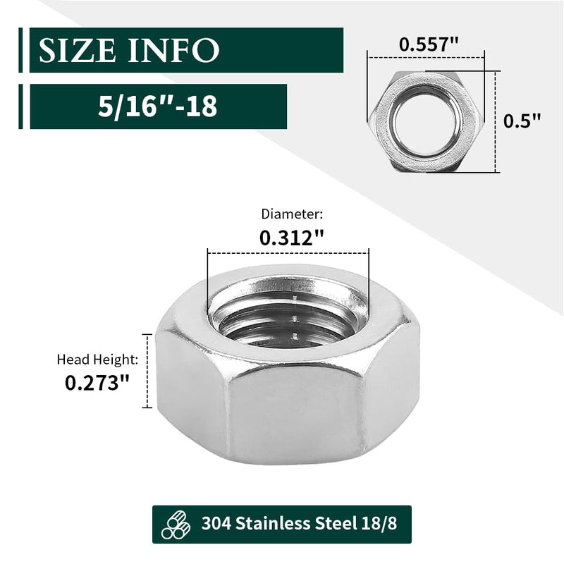 5/16-18 Stainless Steel Finished Hex Nut, 304 Stainless Steel 18-8 Hexagon Nut, Bright Finish, Full Thread, ASME B18.2.2, 25 Pcs 5/16"-18