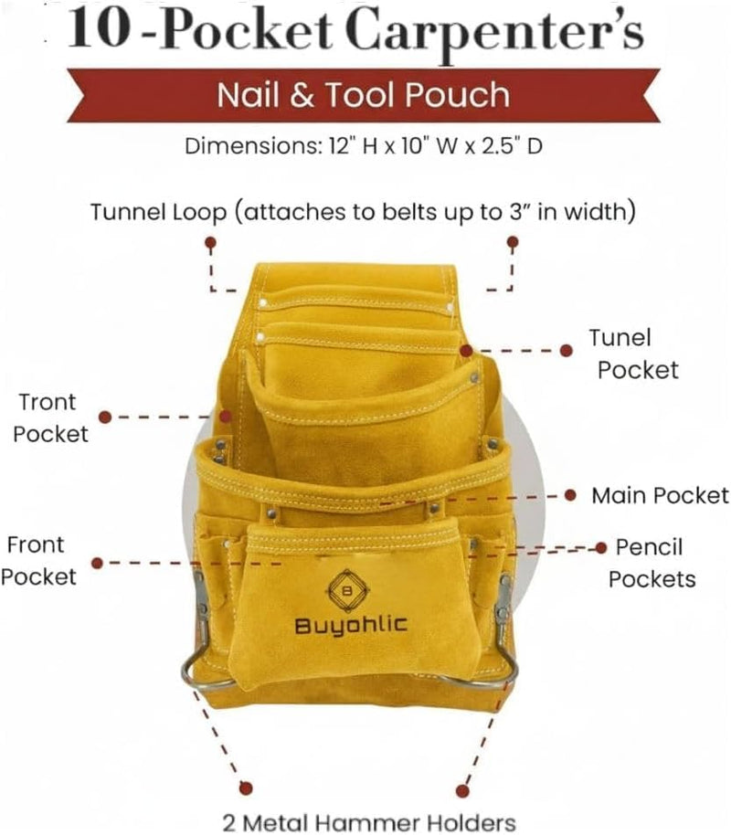 Buyohlic Heavy-Duty Suede Carpenter's Tool & Nail Bag – 10-Pocket Construction Pouch, Dark Tan