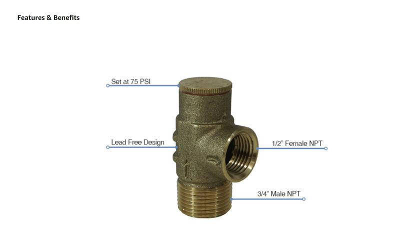 Merrill MFG PRVNL75 No Lead Brass Pressure Relief Valve 75 PSI, 3/4"