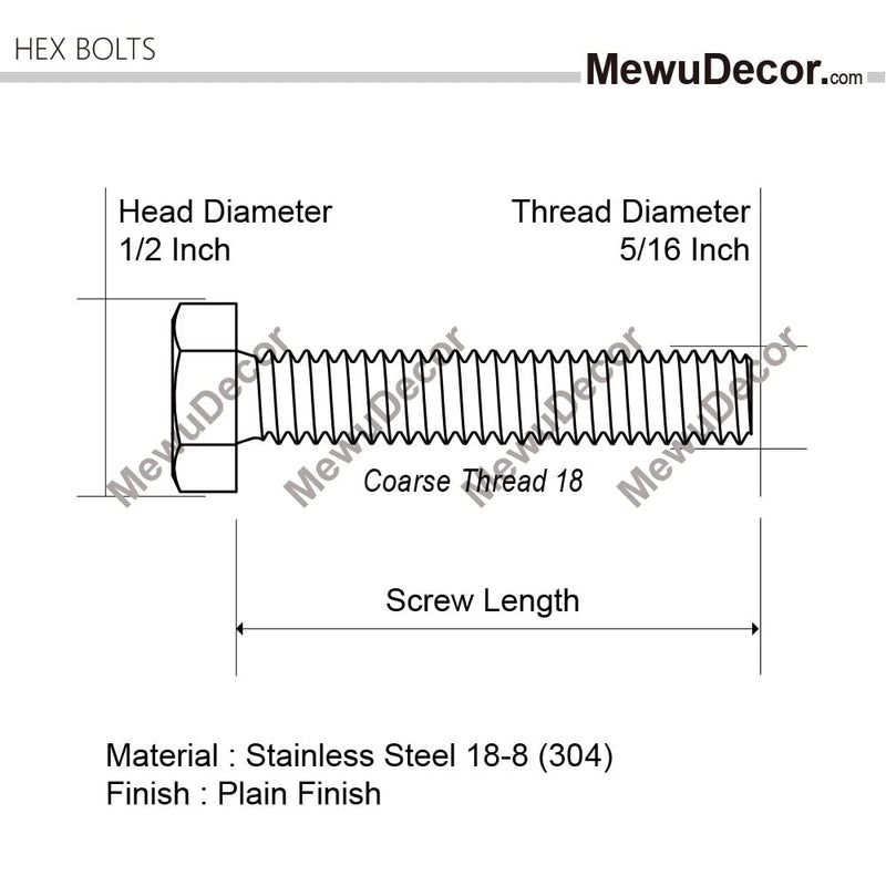 5/16-18 x 1" (1/2" to 6" Available) Hex Head Cap Screw Bolts, External Hex Drive, Stainless Steel 18-8 (304), Full Thread, 25 PCS 5/16-18 x 1"