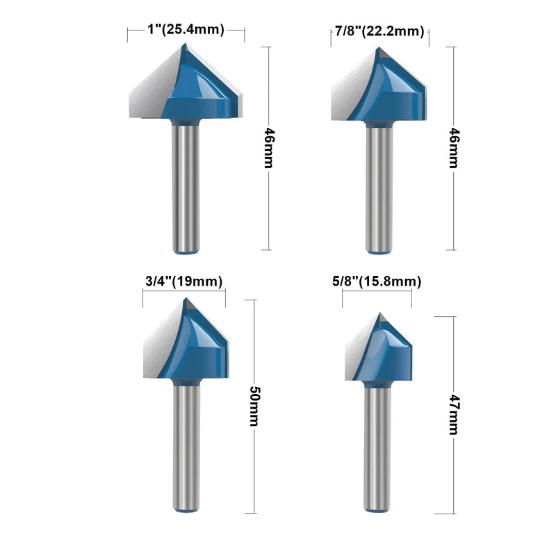 1/4 Inch Shank Core Box Router Bit & V Groove Router Bit Set (5/8" 3/4" 7/8" 1") Cutting Diameter Woodworking Milling Cutter Tool 8Pcs