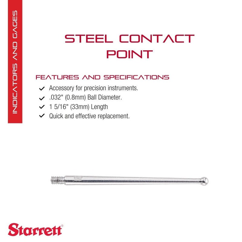Starrett Carbide Contact for Dial Test Indicators with Swivel Heads - 1-5/16" Length, .032" Ball Diameter - PT23064 0.032" Ball