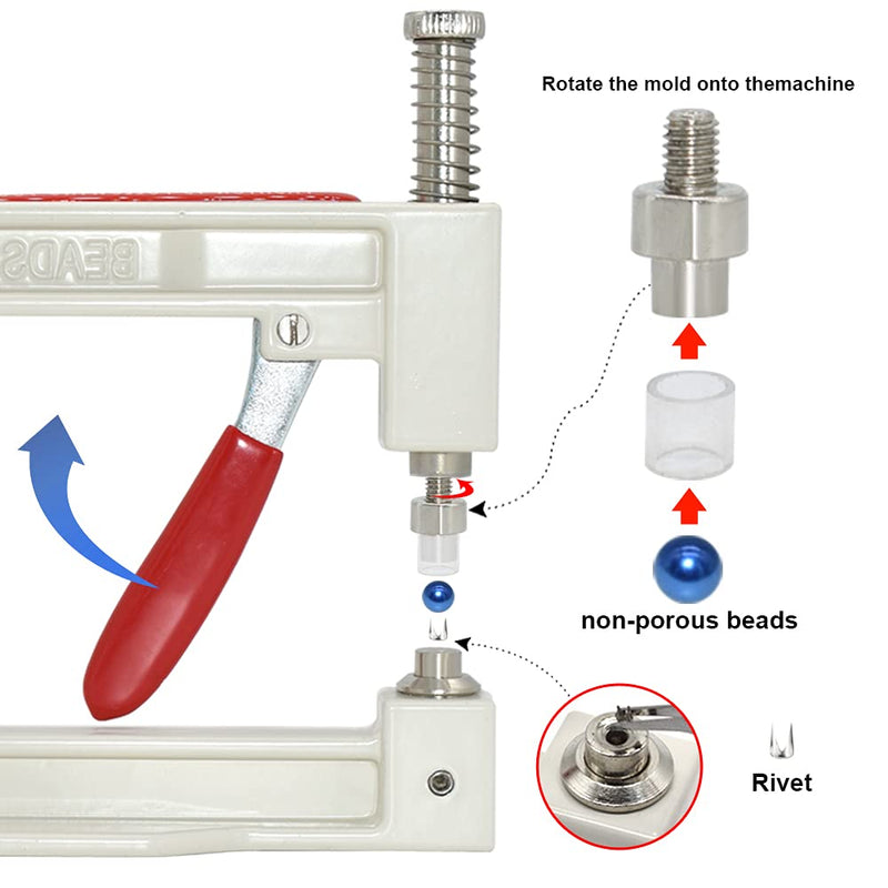 Pearl Setting Hand Press Machine Tools with 2 Boxes of 5 Sizes Colorful no Holes Round Pearls Beads and Rivet Studs, Screw Heads Tweezers for DIY Crafts white/beige/blue/green/yellow