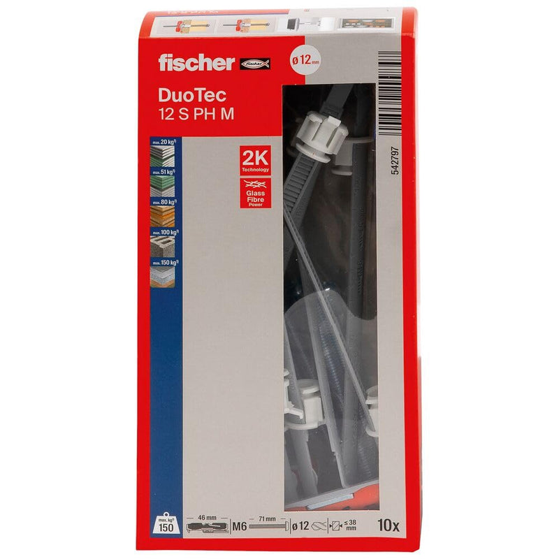 fischer DuoTec12 S PH 1/2" 10pcs Toggle-Plug Panhead Screw (Not Included), 2-Component Fastenings in Drywall, Wood, Steel & Plastic Panels DuoTec 12