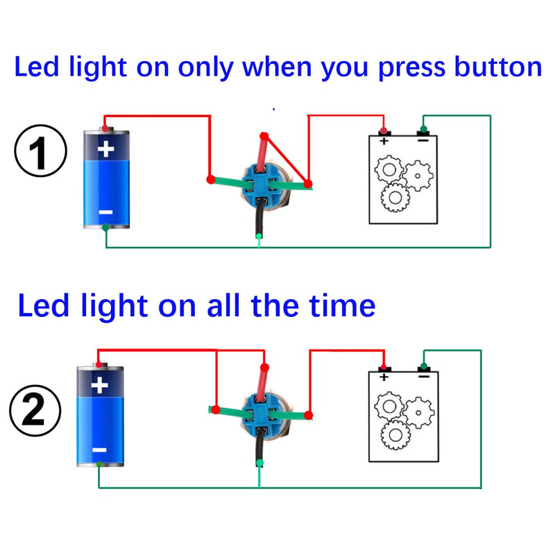2pcs 0.47"/12mm Stainless Steel Self-locking Latching Push Button Switch 12V-24V 3A Power Symbol LED Normally Open SPST ON Off Waterproof Toggle Switch with Wire Socket Plug (Blue+Red) Blue&Red-Latching