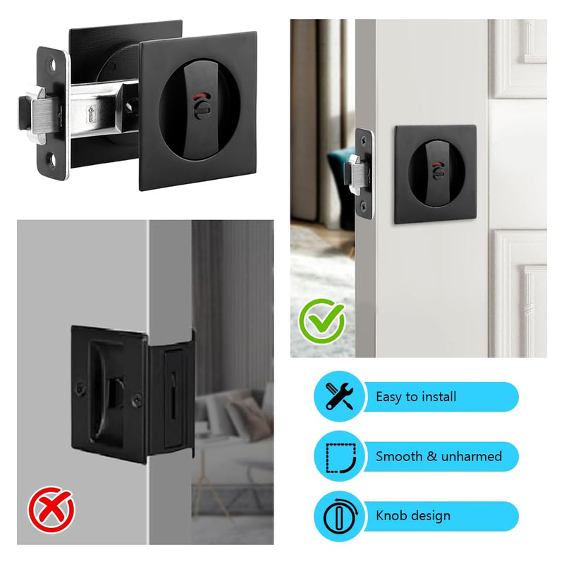 Pocket Door Hardware,Black Contemporary Privacy Square Pocket Door Lock, Pocket Door Latch,Matte Black Contemporary Pocket Door Privacy Lock,Sliding Door Lock,1 Pack
