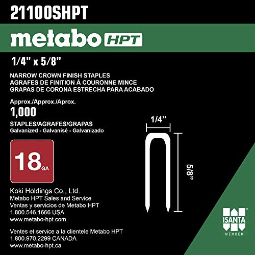 Metabo HPT 1/4 Inch x 5/8 Inch 18 Gauge Electro Galvanized Finish Staples | 1,000 Count | 21100SHPT 1/4" x 5/8" - 18 GA EG