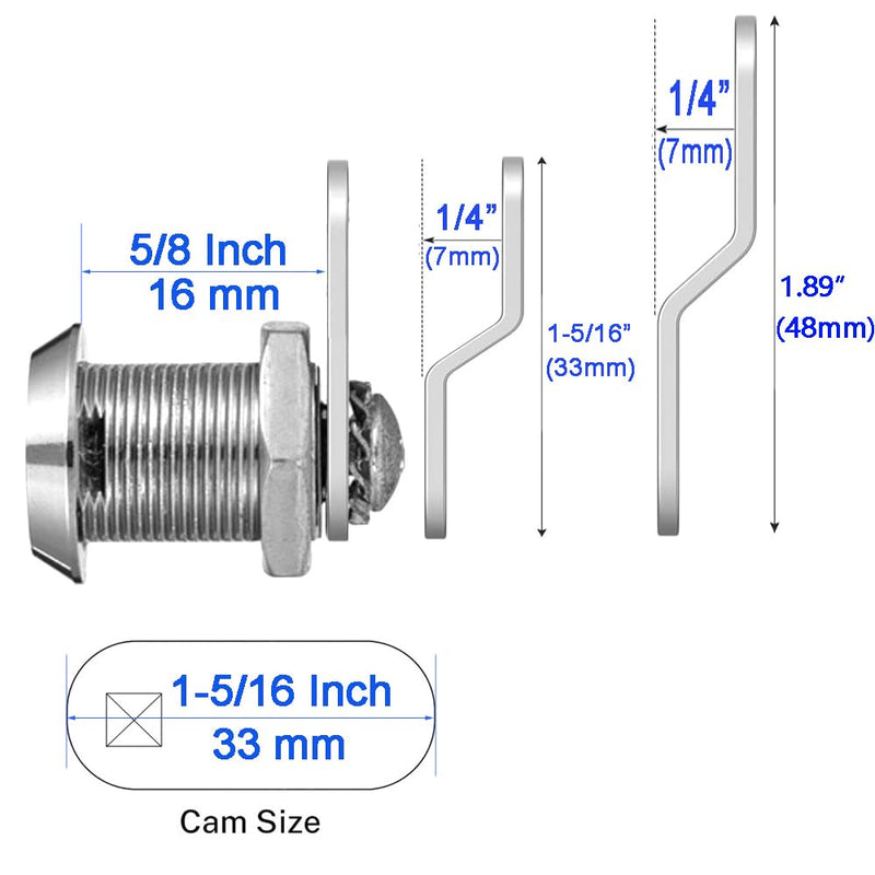 Cabinet Cam Lock, 5/8 Inch Keyed Alike Cam Locks Secure File Drawer Door Mailbox Tool Box Dresser RV Cylinder Replacement Lock Hardware, Fits on 1/2" Max Panel Thickness (6 Pack) 6 5/8 Inch Offset
