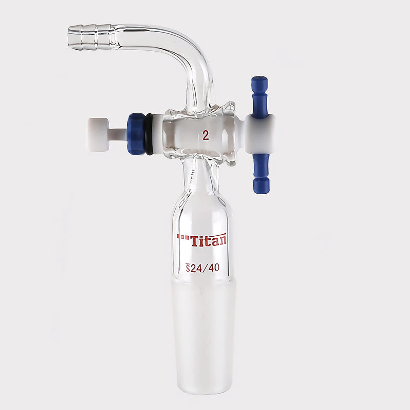 Glass Vacuum Flow Control Adapter with 2mm PTFE Stopcock & 24/40 Inner Joint, 90 Degree Bent Hose Connection