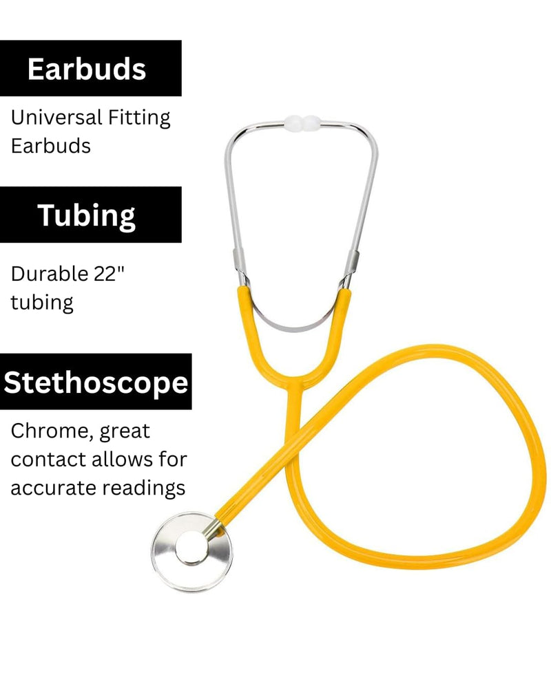 Single Head Stethoscope, 22 inch Tubing, Aluminum Chestpiece, Yellow 10 Pack