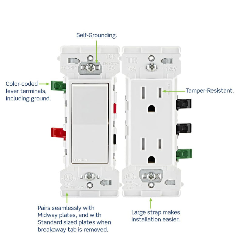 Leviton E5601-MW Decora Edge 15 Amp Single Pole Rocker Switch, 10-Pack, White 10 Pack