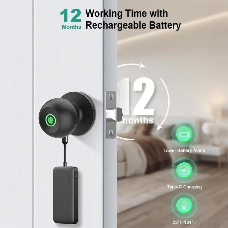 NexusLab Smart Door Knob with Fingerprint, Keyless Entry Door Lock for Bedroom, Home Office & Apartment, Biometric Door Handle with App Control, Auto Lock, Easy DIY Installation, Matte Black