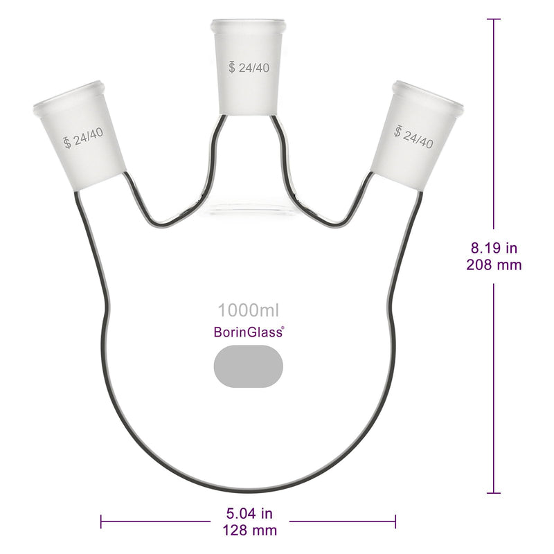 BorinGlass Three Necks Round Bottom Flask RBF, Glass 3-Neck Boiling Flask with 24/40 Standard Taper Outer Joint, 1000 ml
