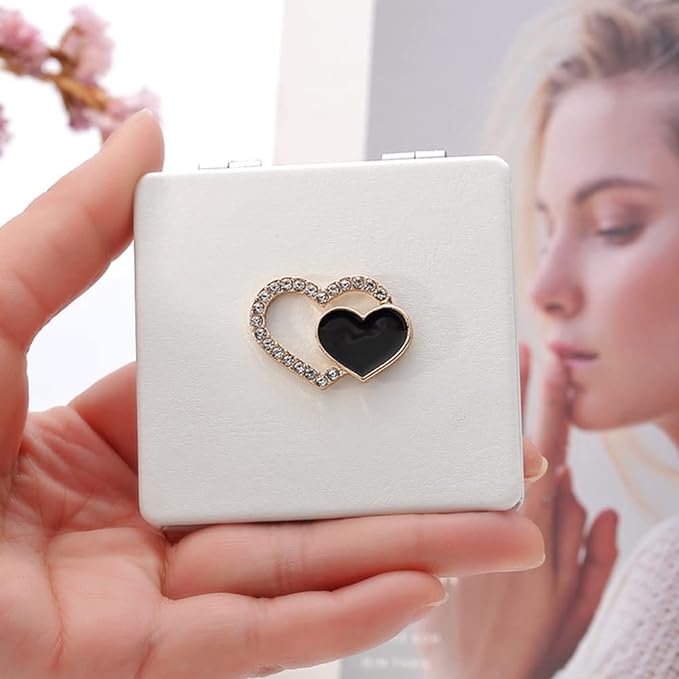 BESTOYARD Hand Mirror, Two-sided Cosmetic Mirror, Metal, PU, Nordic Style, Actress Mirror, Foldable, Square, Compact, Heart, Rhinestone, Gift for Girlfriend, Small, Easy to Carry, For Makeup - NewNest Australia
