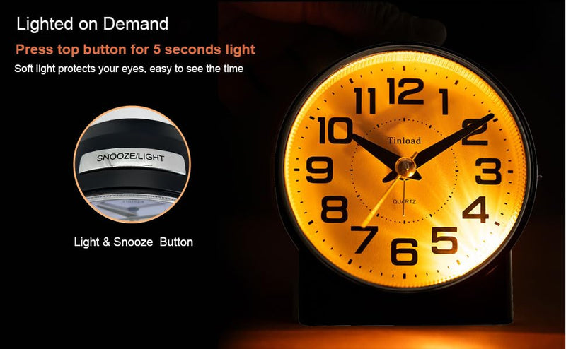 4.3" No Ticking Analog Alarm Clock,Silent Readable for Seniors,Easy to Set,Gradual Rise Alarm,Big Numbers,On/Off Switch on Side,Gentle Wake,Snooze,Lighted on Demand,Battery Operated,Black Black
