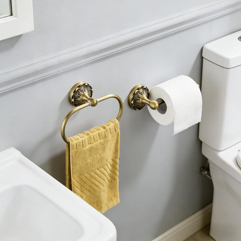 Antique Brass Bathroom Accessories, Solid Copper Towel Ring & Paper Holder, Vintage Wall Mount Hardware with Antique Bronze Finish (Single or Set) (Towel Ring + Paper Holder Set (2-Piece)) Towel Ring + Paper Holder Set (2-Piece))