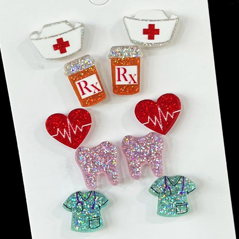 Nurses Day Stethoscope Medical Hat Heart Stud Earrings Set for Women Lightweight Acrylic Doctor Nurses Week Appreciation Gifts Cutie Creative Birthday Mother's Day Nurse Holiday Gifts