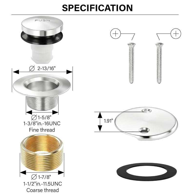 Tub Drain Tip-Toe Trim Set with Two-Hole Overflow Faceplate,Bath Tub Drains Conversion Kit with Universal Fine/Coarse Thread,Replacement Bathtub Drain Stopper Assembly(Chrome) Bathtub Drain-chrome Plated