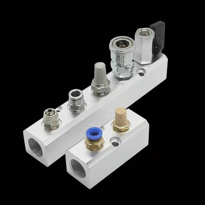 4 Way Pneumatic Manifold Air Distribution Block, G1/2 Supply Port, G1/4-Inch Output Port,Pneumatic Air Compressor Manifold Fitting，Aluminum Alloy，Large Flow （40x40mm） 4 Way 6 Port 40x40mm