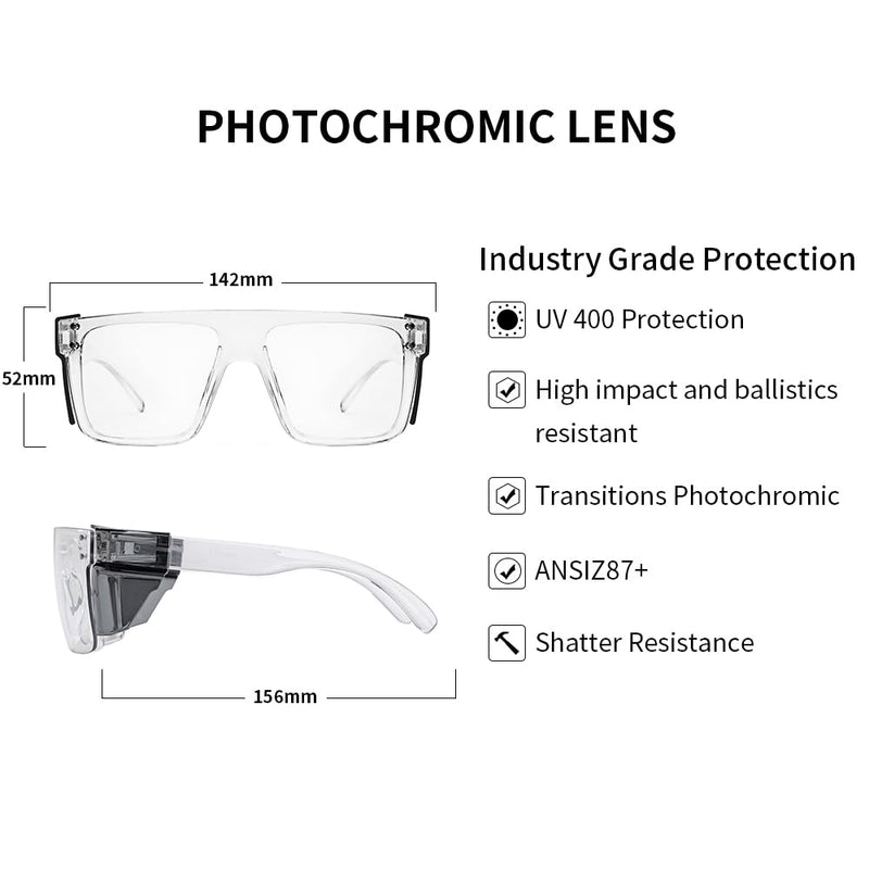 UV400 Transition Photochromic Safety Glases Light to Dark Grey Lens ANSI Z87 Impact Approved Clear