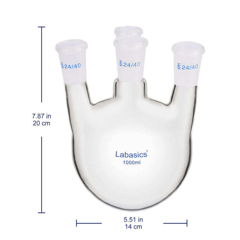 Labasics Round Bottom Flask with 4 Upright Necks, Heavy Wall Borosilicate Glass Round Bottom Boiling Flask with 24/40 Standard Taper Outer Joint, for Laboratory Use, 1000 ml