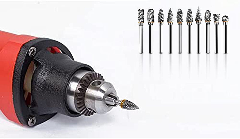 10 Pieces Tungsten Carbide Double Cut Rotary Burr Set with 3 mm (1/8 Inch) Shank and 6 mm (1/4 Inch) Head Size