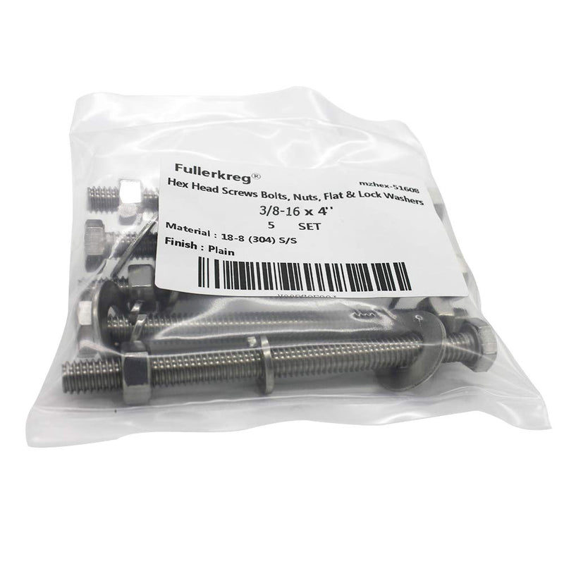 (4 Sets) 3/8-16x4 Stainless Steel Hex Head Screws Bolts, Nuts, Flat & Lock Washers, 18-8 (304) S/S, Fully Threaded by Bolt Fullerkreg (4 Sets) 3/8x4"